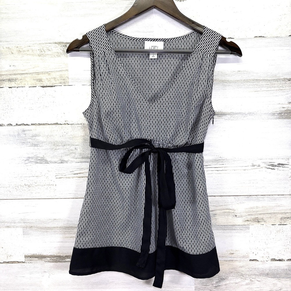 Ann Taylor LOFT Black & White V Neck Plaid Sleeveless Bow Waist Tank Blouse Sz 0